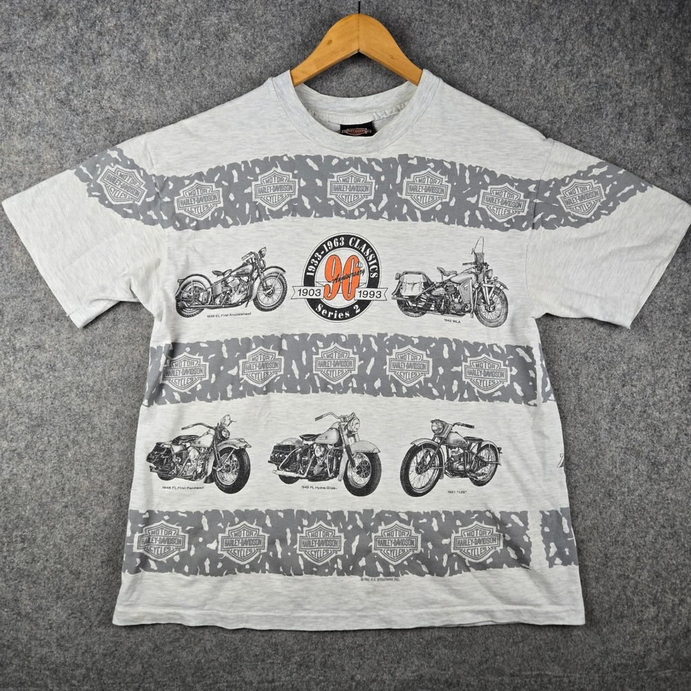 Vtg Harley Davidson T-Shirt Mens Large Grey AOP 90th Anniversary Biker 90s